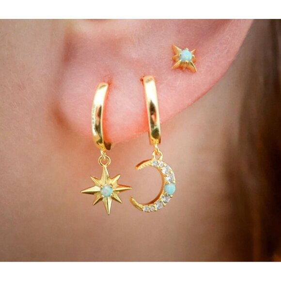 Dainty Stud Earrings Gold Stars Opal Center Tiny stud earrings for Girls & Women - Picture 4 of 8